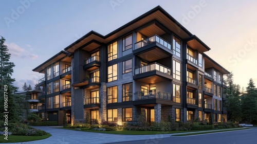 Modern Multi-Story Apartment Building at Dusk