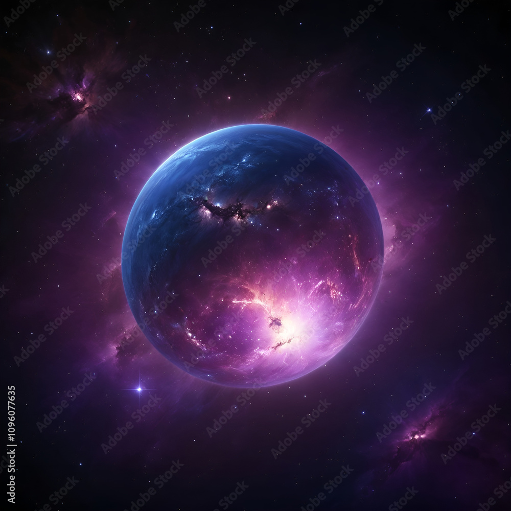 Obraz premium A view of the galaxy with vivid stars, a glowing nebula in deep purples and blues, and a large, vibrant planet in the foreground.