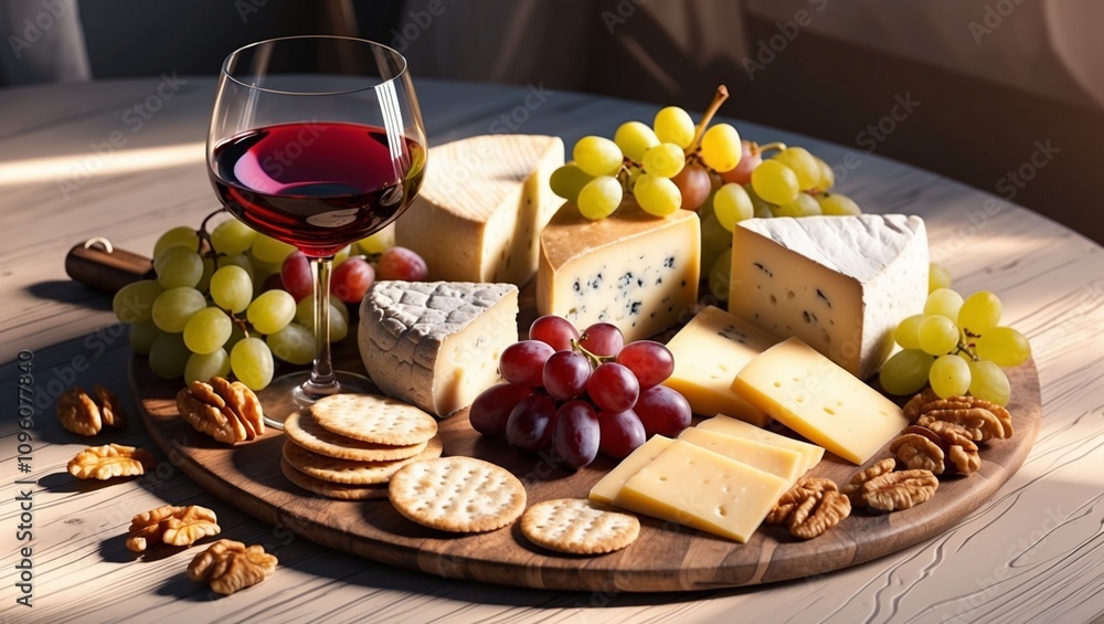A gourmet selection of cheese, grapes, bread, and red wine, perfect for an evening appetizer A gourmet selection of cheese, grapes, bread, and red wine, perfect for an evening appetizer