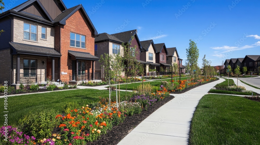 Modern New Housing Estate Under Clear Blue Sky Modern New Housing Estate Under Clear Blue Sky