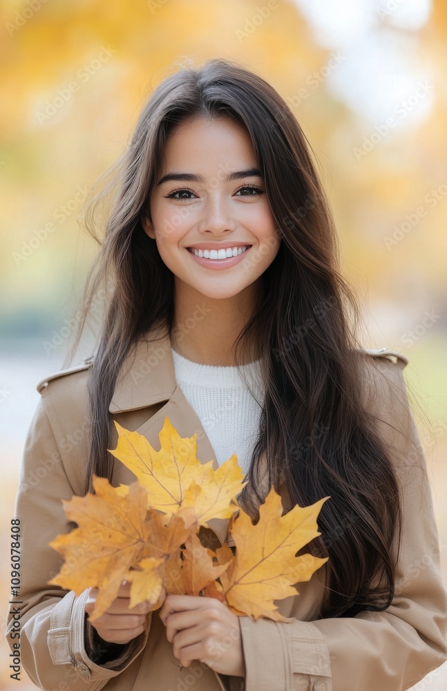 Young woman smiling while holding a yellow leaf in a park during autumn Young woman smiling while holding a yellow leaf in a park during autumn