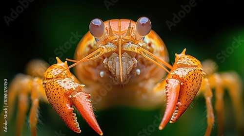 Close-up Macro Photograph of an Orange Crayfish, Its Claws and Eyes in Sharp Focus against a Dark Green Background photo