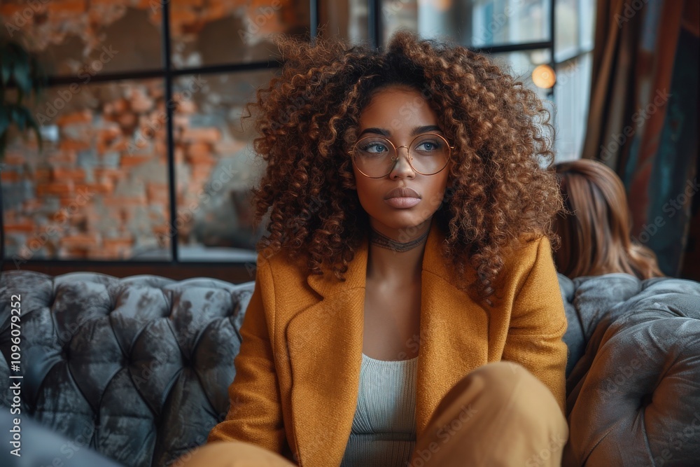 Thoughtful young adult African American woman in glasses curly hair, wearing mustard-yellow coat, sitting in cozy urban setting. Background displays brick wall soft lighting, adding warm. Thoughtful young adult African American woman in glasses curly hair, wearing mustard-yellow coat, sitting in cozy urban setting. Background displays brick wall soft lighting, adding warm.