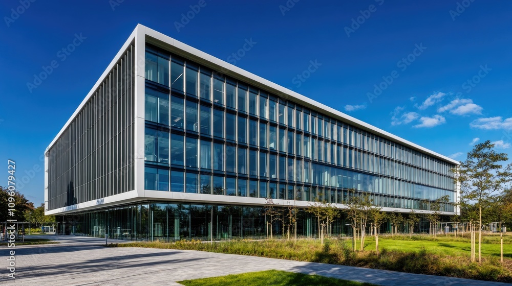 Sleek Modern Office Building with Glass Facade Sleek Modern Office Building with Glass Facade