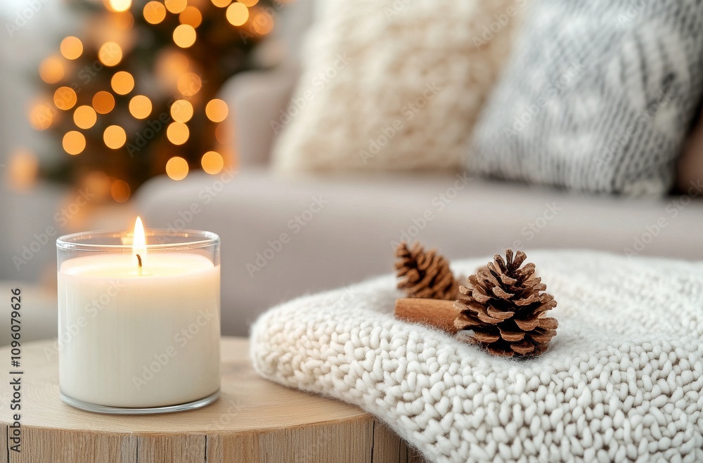 Cozy living room with candles, blankets, and pinecones during winter evening Cozy living room with candles, blankets, and pinecones during winter evening