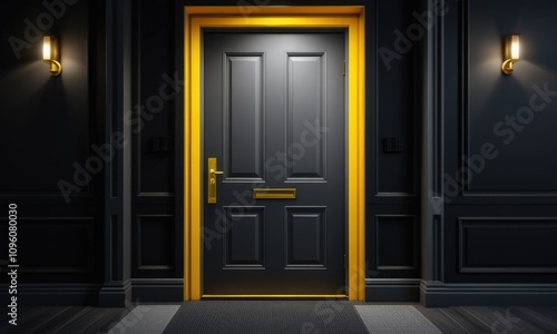 Elegant black door with vibrant yellow frame and warm lighting in a stylish hallway