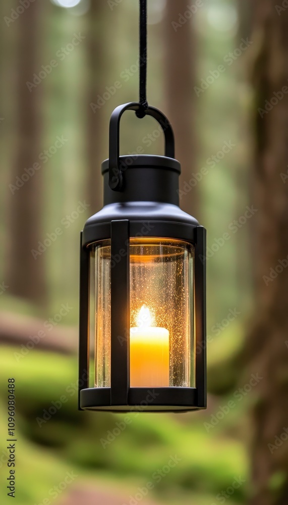 Hanging lantern with lit candle in forest. Hanging lantern with lit candle in forest.