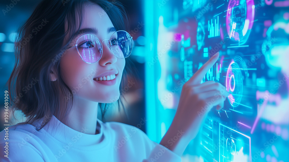 未来のインターフェイスを操作する女性 未来のインターフェイスを操作する女性