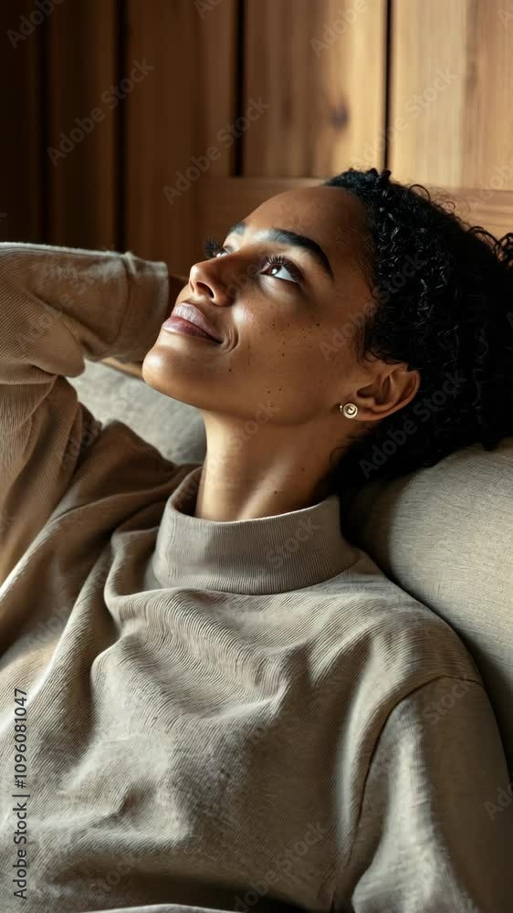 Woman relaxes on a sofa, enjoying a serene moment in a cozy interior setting with natural light filtering in Woman relaxes on a sofa, enjoying a serene moment in a cozy interior setting with natural light filtering in