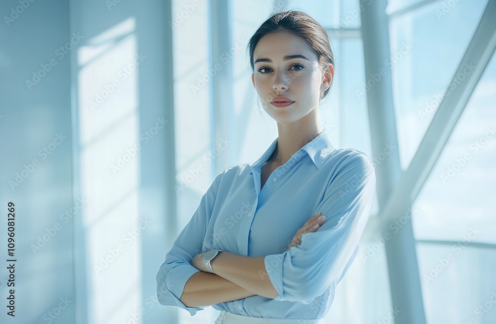 Portrait of a beautiful, confident business woman in a blue shirt, standing with her arms crossed. Portrait of a beautiful, confident business woman in a blue shirt, standing with her arms crossed.
