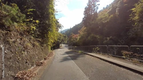Wallpaper Mural FPV view from an action camera of a high-speed downhill bicycle ride on the paved mountain roads of Kiyotaki in Saga, Kyoto. A thrilling journey through scenic Japanese nature. Torontodigital.ca