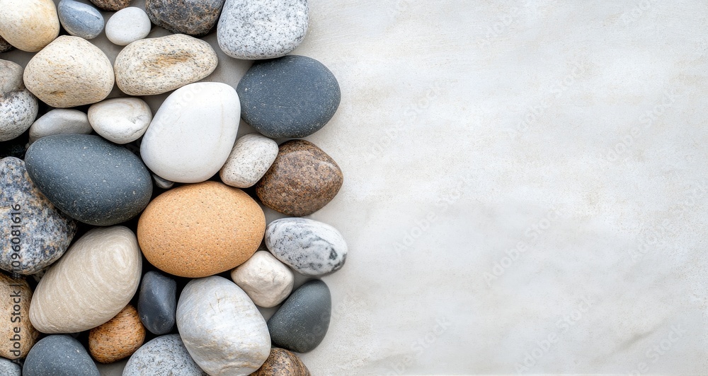 Smooth stones arranged on light surface for decorative purposes Smooth stones arranged on light surface for decorative purposes