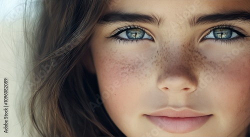 Young girl with striking green eyes and freckles enjoying natural light outdoors