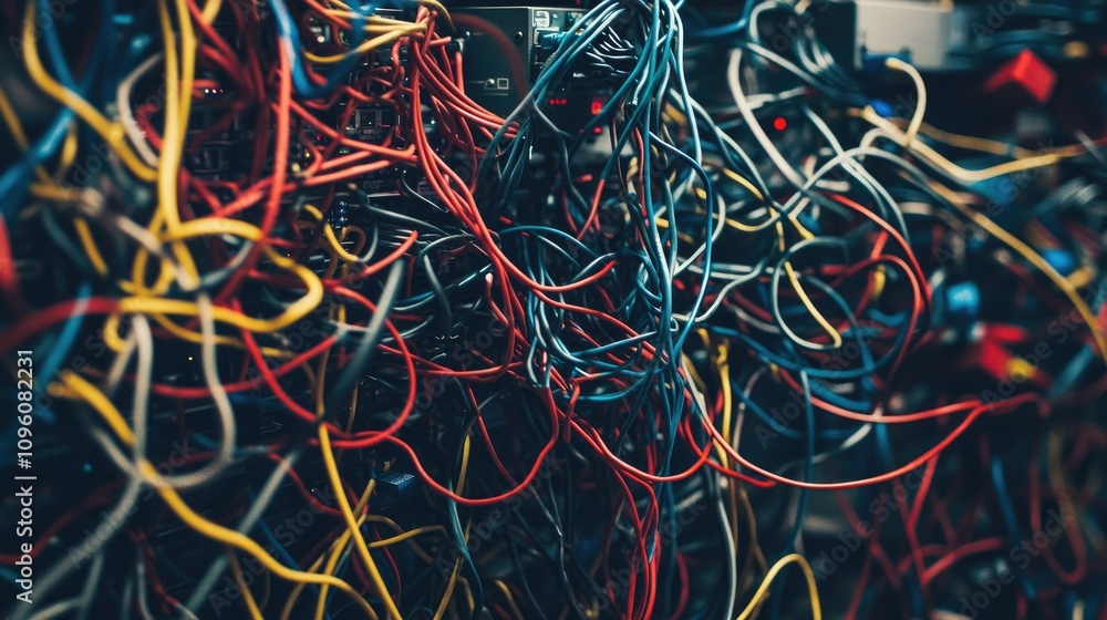 A chaotic network of twisted cables and wires inside a data center's server rack, emphasizing the complexity of modern technology infrastructure A chaotic network of twisted cables and wires inside a data center's server rack, emphasizing the complexity of modern technology infrastructure