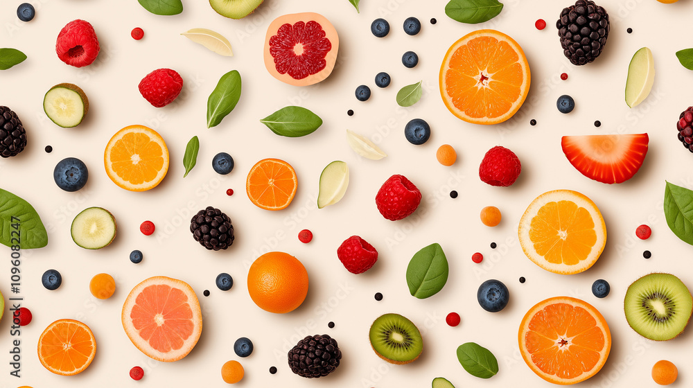 Vibrant Fruit Pattern: A delightful arrangement of fresh berries, citrus slices, and kiwi create a vibrant and appetizing pattern, perfect for adding a pop of color and freshness to any design. Vibrant Fruit Pattern: A delightful arrangement of fresh berries, citrus slices, and kiwi create a vibrant and appetizing pattern, perfect for adding a pop of color and freshness to any design.
