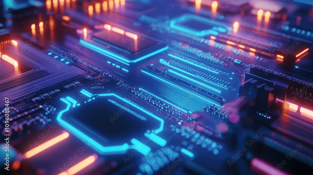 A close-up view of a glowing blue motherboard with data paths and electronic components, representing the flow of information in the cyber world A close-up view of a glowing blue motherboard with data paths and electronic components, representing the flow of information in the cyber world