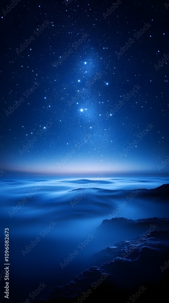 Smooth blue smoke gently swirling in front of a night blue starry sky for smartphone wallpaper