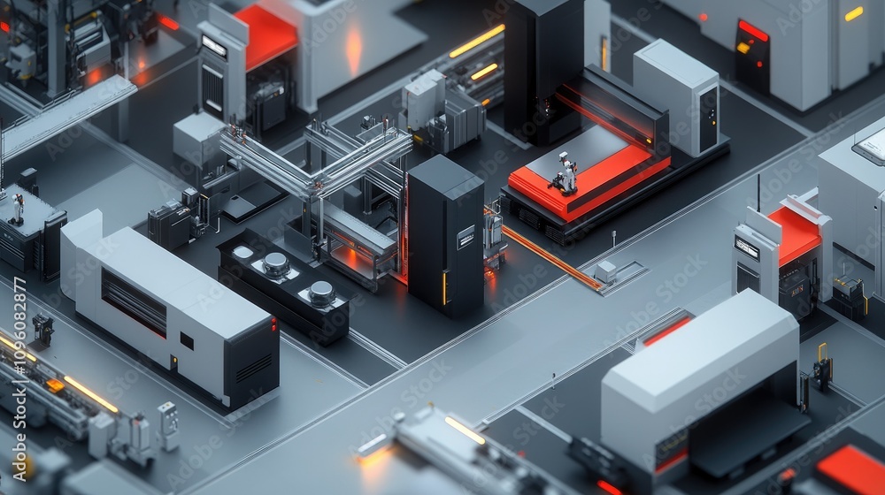 A modern production line with 3D printed components, featuring AI-controlled quality checks and automated logistics, representing the future of smart manufacturing A modern production line with 3D printed components, featuring AI-controlled quality checks and automated logistics, representing the future of smart manufacturing
