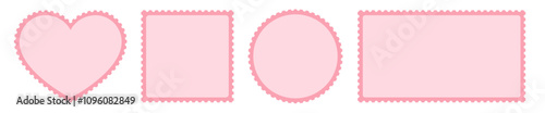 Valentines postage stamp set pink color heart, square, circle and rectangle shape for letter, mail, sticker, banner, postcard badge, poster vector 10 eps