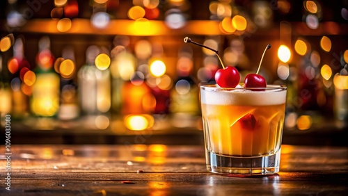 Closeup of a Whiskey Sour Cocktail with Maraschino Cherry Garnish on a Wooden Bar Top, Perfectly Balanced with Citrus Notes and a Refreshing Twist, Ideal for Cocktail Lovers and Mixology Enthusiasts photo