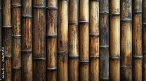 Textured bamboo wall design featuring various shades and sizes in natural setting