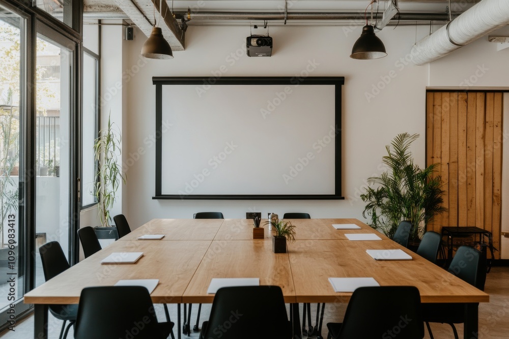 White mockup of a blank white presentation screen in the meeting room. White mockup of a blank white presentation screen in the meeting room.