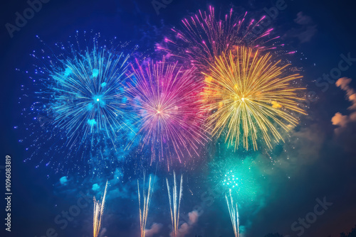 Colorful fireworks explode against a dark blue evening sky, creating a dazzling spectacle of light and color.
