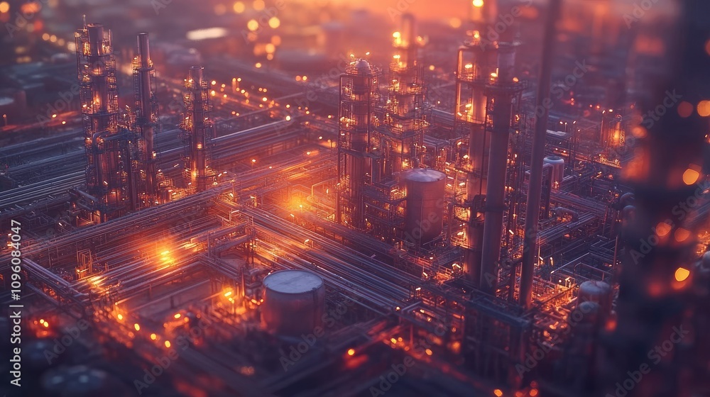 Aerial perspective of an industrial refinery complex at dusk, with glowing lights on pipelines and structures, set against a beautifully colored twilight sky Aerial perspective of an industrial refinery complex at dusk, with glowing lights on pipelines and structures, set against a beautifully colored twilight sky