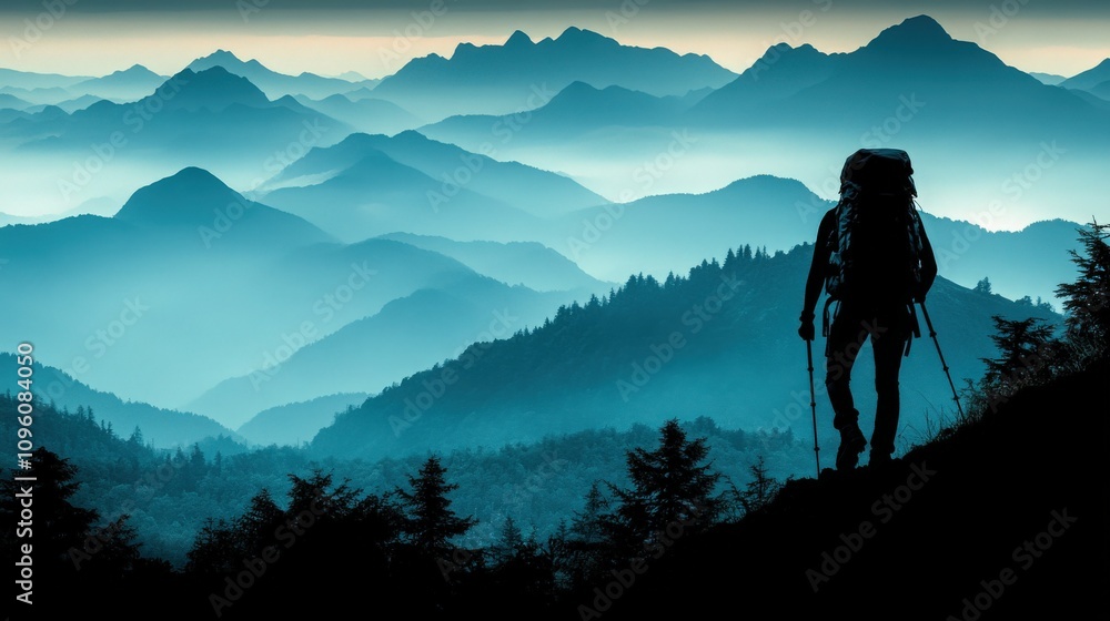 Obraz premium Adventurous Hiker Silhouetted Against Majestic Blue Mountain Range at Dusk, Exploring Nature and Embracing the Journey Through Wilderness Trails