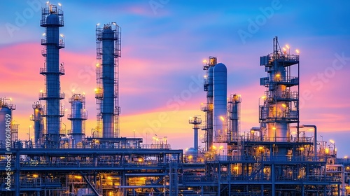 Aerial perspective of an industrial refinery complex at dusk, with glowing lights on pipelines and structures, set against a beautifully colored twilight sky