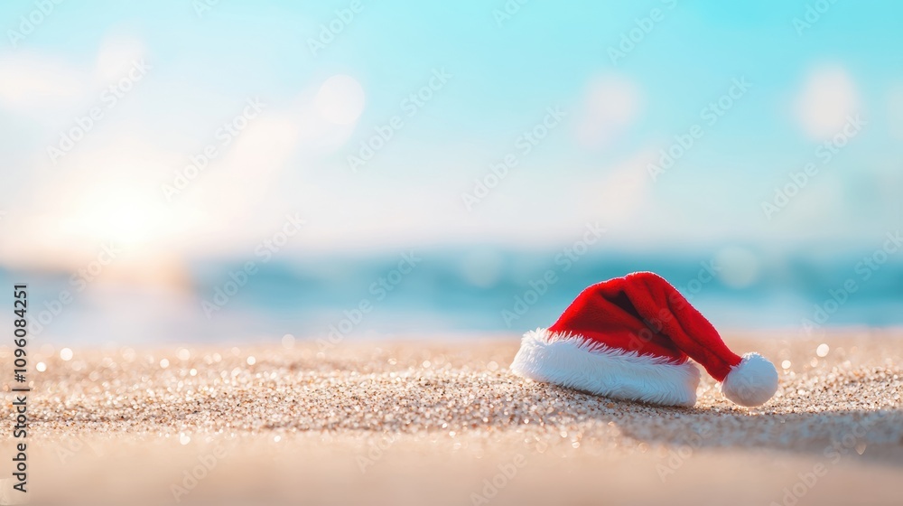 A festive Santa hat rests on a sandy beach, blending holiday spirit with a serene coastal backdrop. A festive Santa hat rests on a sandy beach, blending holiday spirit with a serene coastal backdrop.