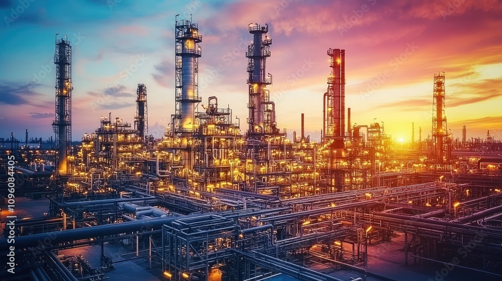 Aerial view of a massive industrial refinery complex at dusk, glowing brightly with interconnected pipelines and towering structures against a vibrant twilight sky Aerial view of a massive industrial refinery complex at dusk, glowing brightly with interconnected pipelines and towering structures against a vibrant twilight sky
