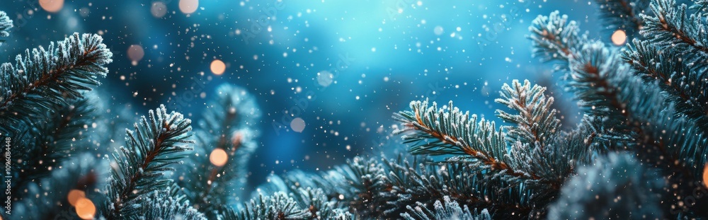 Snowfall gently descends on evergreen branches in a winter wonderland during twilight hours Snowfall gently descends on evergreen branches in a winter wonderland during twilight hours