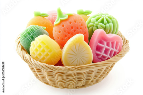 Close-up view of a variety of colorful hard candies in a shallow woven basket.