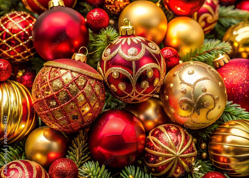 Elegant Christmas Decoration Featuring Red and Gold Ornaments on a Background for Festive Seasonal Designs and Holiday Celebrations Elegant Christmas Decoration Featuring Red and Gold Ornaments on a Background for Festive Seasonal Designs and Holiday Celebrations