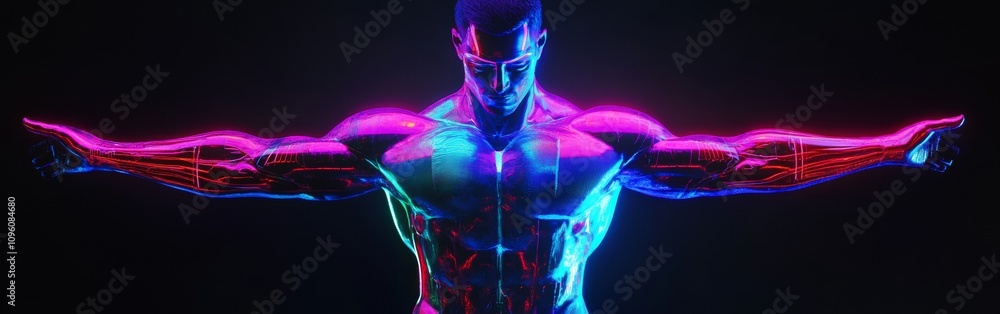 A muscular figure stands with arms outstretched, glowing with vibrant neon colors against a dark background, emphasizing anatomy and strength with intricate details A muscular figure stands with arms outstretched, glowing with vibrant neon colors against a dark background, emphasizing anatomy and strength with intricate details
