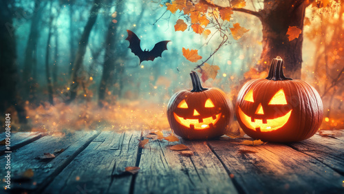 Two carved pumpkins with glowing faces sit on a wooden surface with fallen autumn leaves.
