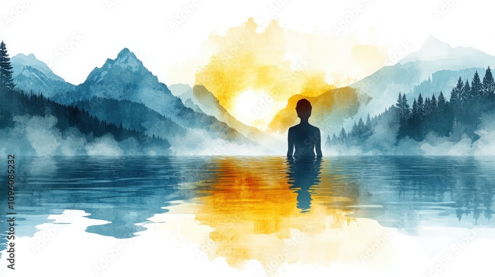 Serene Woman at Sunset in Lake Surrounded by Mountains and Forest, Captivating Watercolor Art Depicting Tranquility and Inner Peace in Nature Serene Woman at Sunset in Lake Surrounded by Mountains and Forest, Captivating Watercolor Art Depicting Tranquility and Inner Peace in Nature