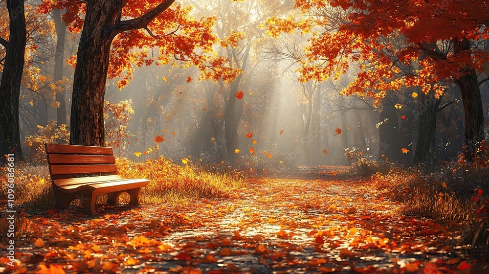 a bench in the middle of a forest with leaves flying around a bench in the middle of a forest with leaves flying around