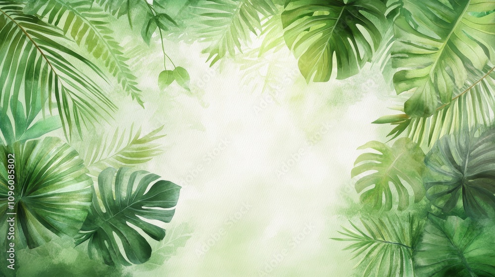 Vibrant Tropical Leaves, Lush greens illuminated by sunlight, embodying the essence of a rainforest in a captivating watercolor style Vibrant Tropical Leaves, Lush greens illuminated by sunlight, embodying the essence of a rainforest in a captivating watercolor style