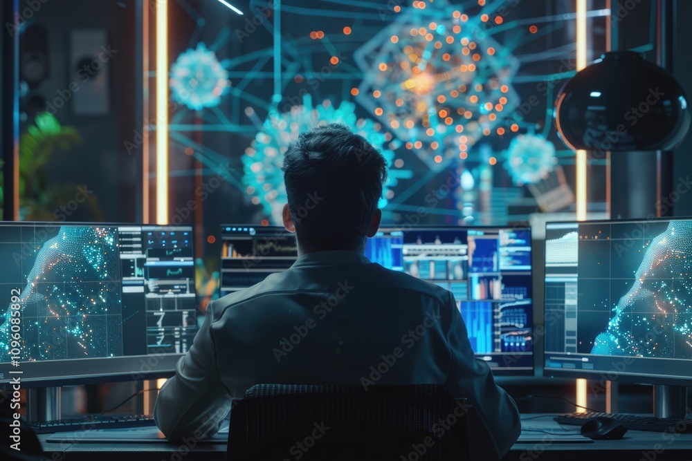 Male engineer creates neural network displays big data simulation. Male engineer creates neural network displays big data simulation.