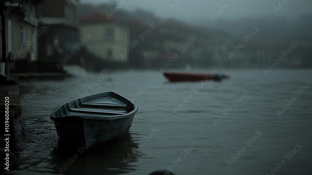 Naklejka premium A lone boat sits on the water in a harbor on a stormy day.