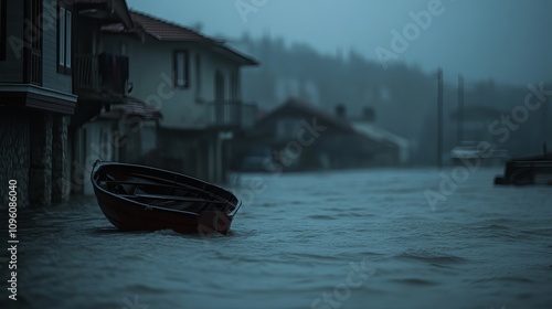 Fototapeta Naklejka Na Ścianę i Meble -  A small boat sits alone in the flooded streets of a town after a heavy storm.