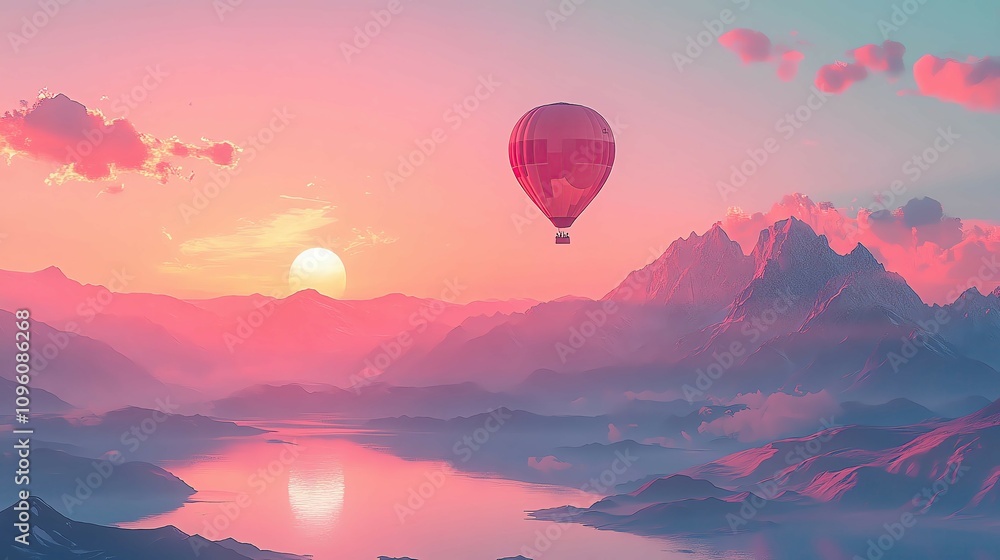 Fototapeta premium Hot Air Balloon at Sunrise Over Serene Lake and Mountains, Featuring Pastel Sky and Dreamy Scenic Landscape for Travel Inspiration ,Peaceful Travel Adventure ,Aerial Travel Photography