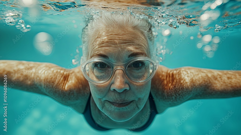 Fototapeta premium Senior Woman Swimming Underwater Wearing Glasses