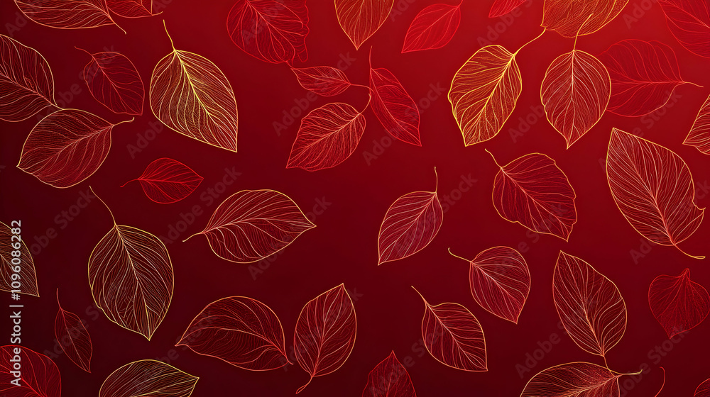 Red and Gold Outline Leaves Pattern on a Deep Red Background, A Seamless Illustration for Fall and Autumn Red and Gold Outline Leaves Pattern on a Deep Red Background, A Seamless Illustration for Fall and Autumn