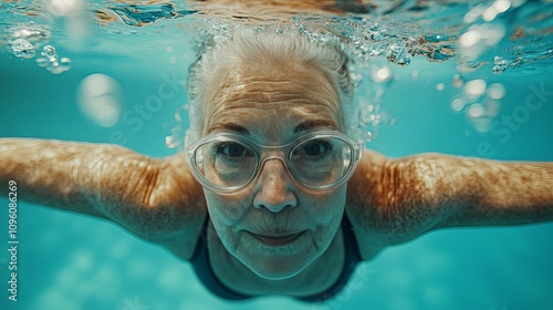 Senior Woman Swimming Underwater Wearing Glasses