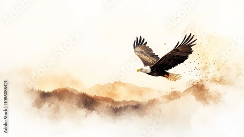 Eagle in Flight at Dawn, majestic eagle soaring above misty mountains, golden light illuminating the serene landscape in watercolor style