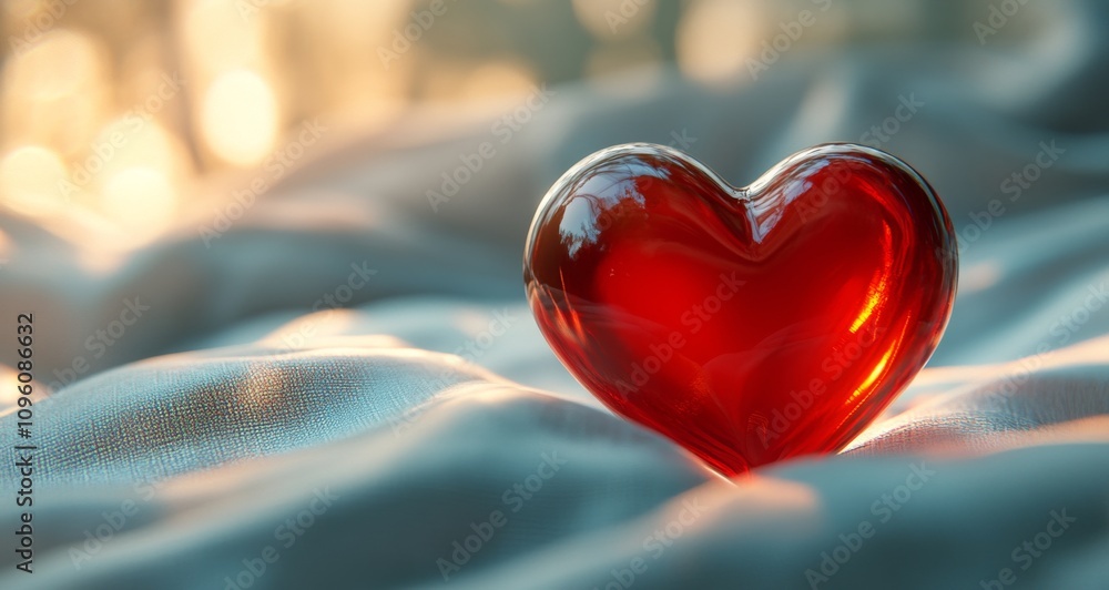A vibrant red heart rests on soft fabric, illuminated by warm sunlight in a tranquil setting A vibrant red heart rests on soft fabric, illuminated by warm sunlight in a tranquil setting