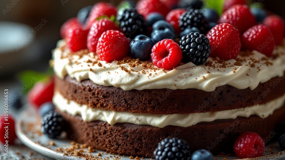 Rich chocolate cake, whipped cream, and berries. A decadent dessert captured. Rich chocolate cake, whipped cream, and berries. A decadent dessert captured.